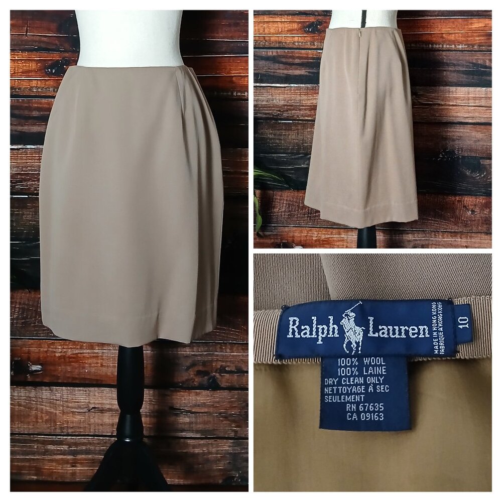 Ralph Lauren Vintage Pencil Skirt 10 Khaki Tan 100% Wool Side Zip Lined